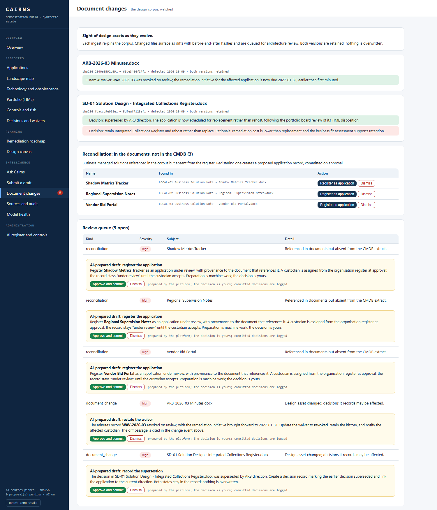 Document change detection showing a waiver revocation and a superseded design decision